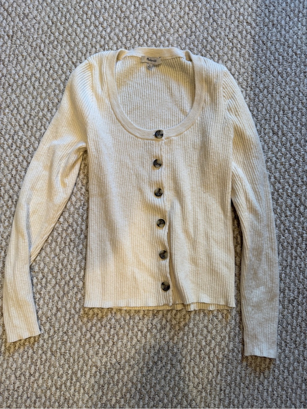 Madewell Cream Ribbed Button-Front Long Sleeve Scoop Neck Cardigan